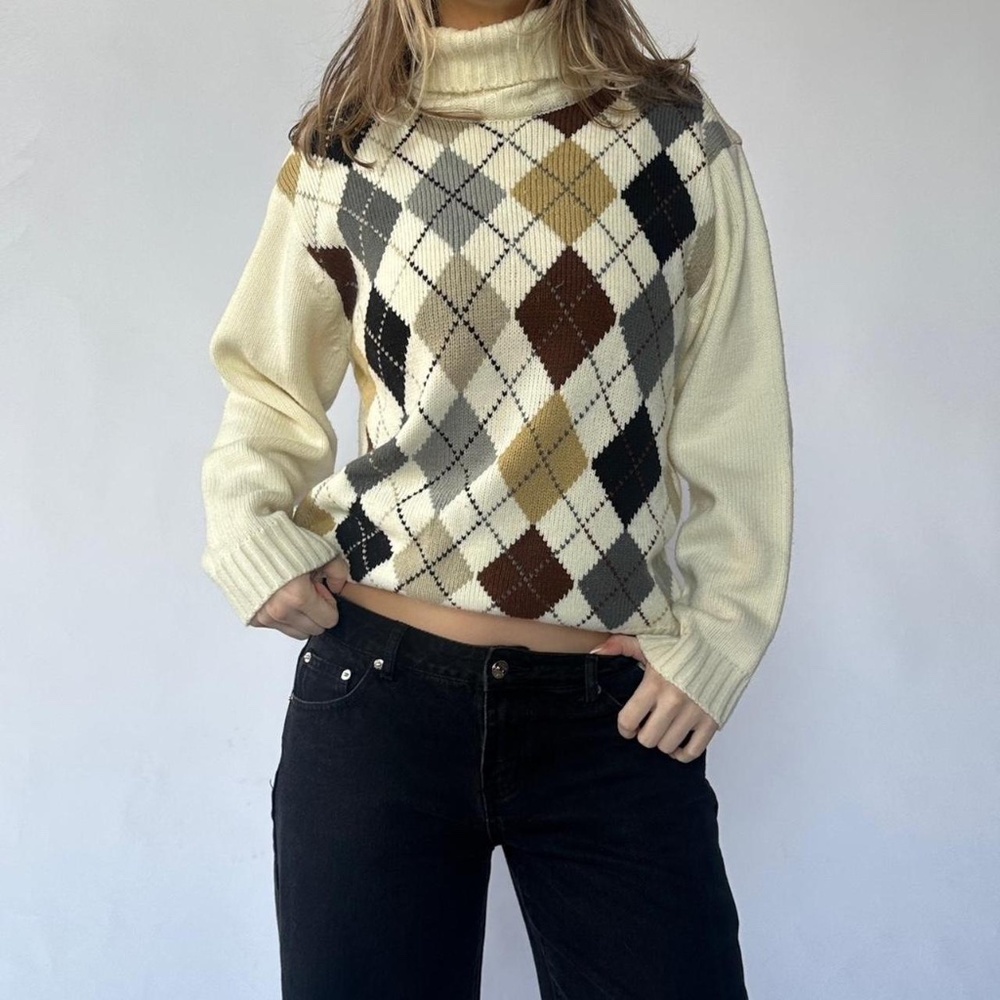 Vintage Turtleneck Argyle Print Sweater XL
